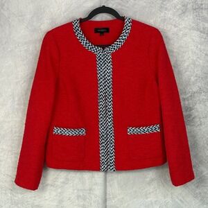 Talbots Tipped Tweed Collarless Hook Front Jacket Blazer Red Women Sz 10 Office